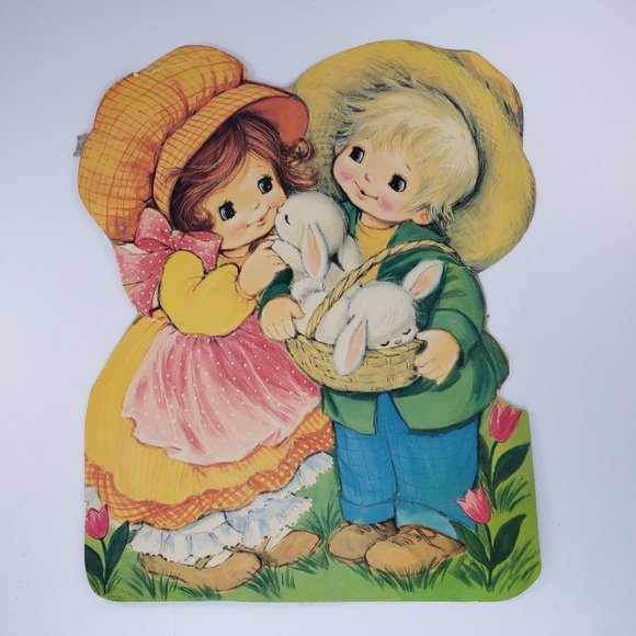 Vintage Easter Die Cut Boy Girl Bunny Rabbit Decoration Spring Ephemera - Picture 1 of 7
